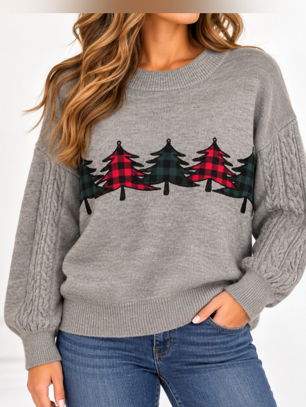 Versona Women’s XL Christmas Sweater Plaid Trees Cable Knit Gray NWT Cozy Preppy